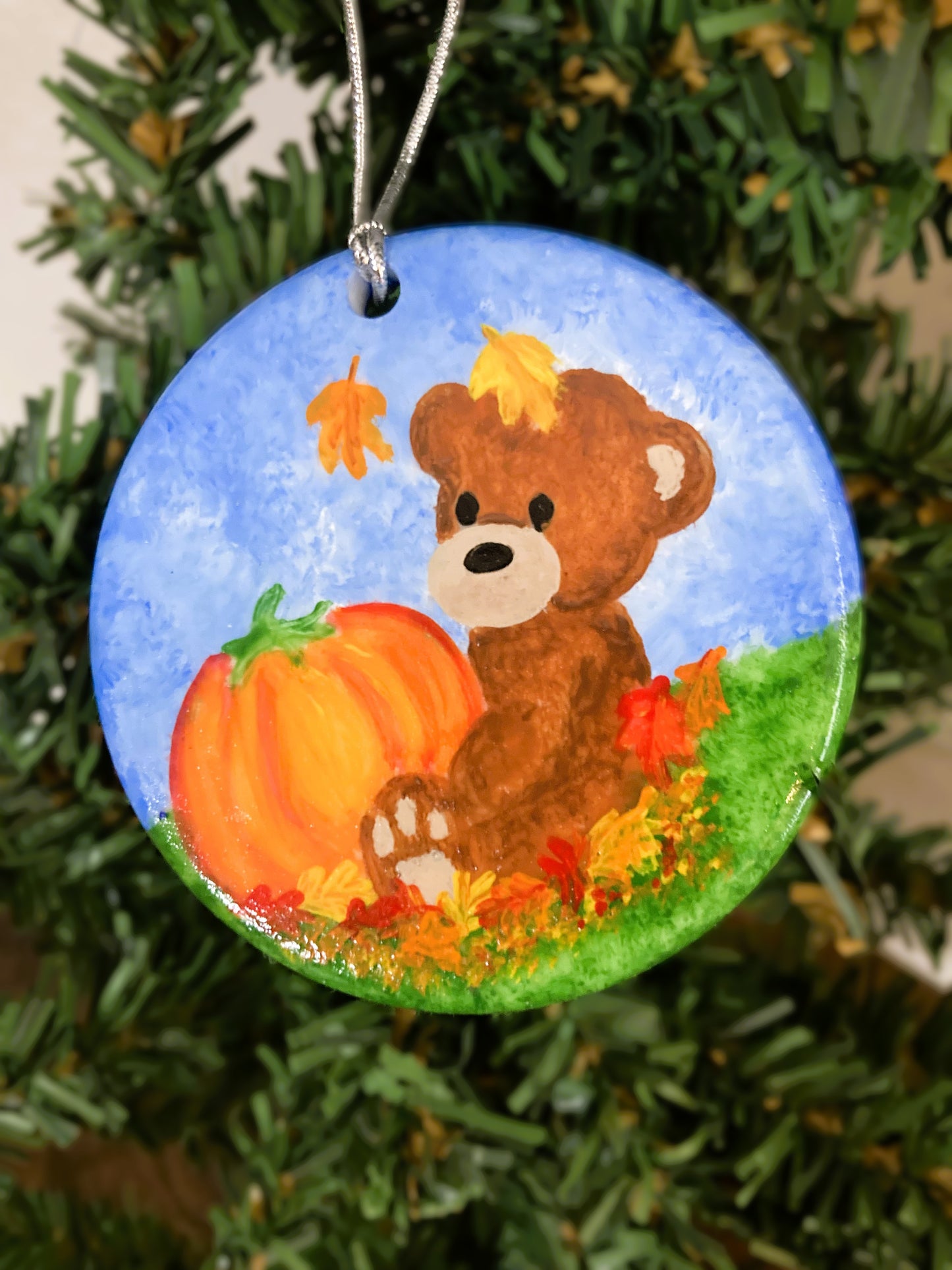 Fall Bear and Pumpkin Thanksgiving Ornament Hanging Art Decoration