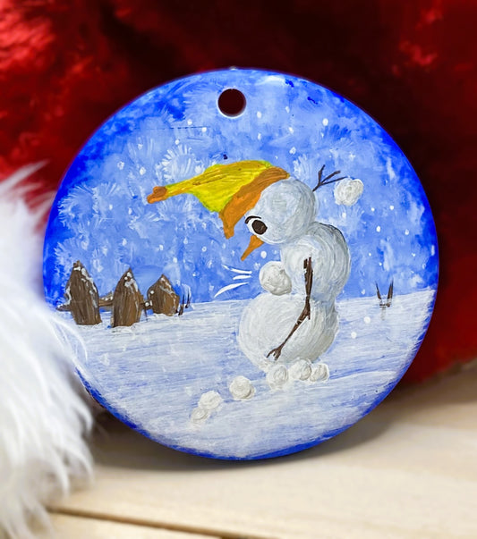 Snowman Gets Hit Snowball Fight Acrylic Ornament