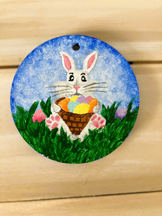 Easter Bunny with Basket Ornament Hanging Art Home Decoration