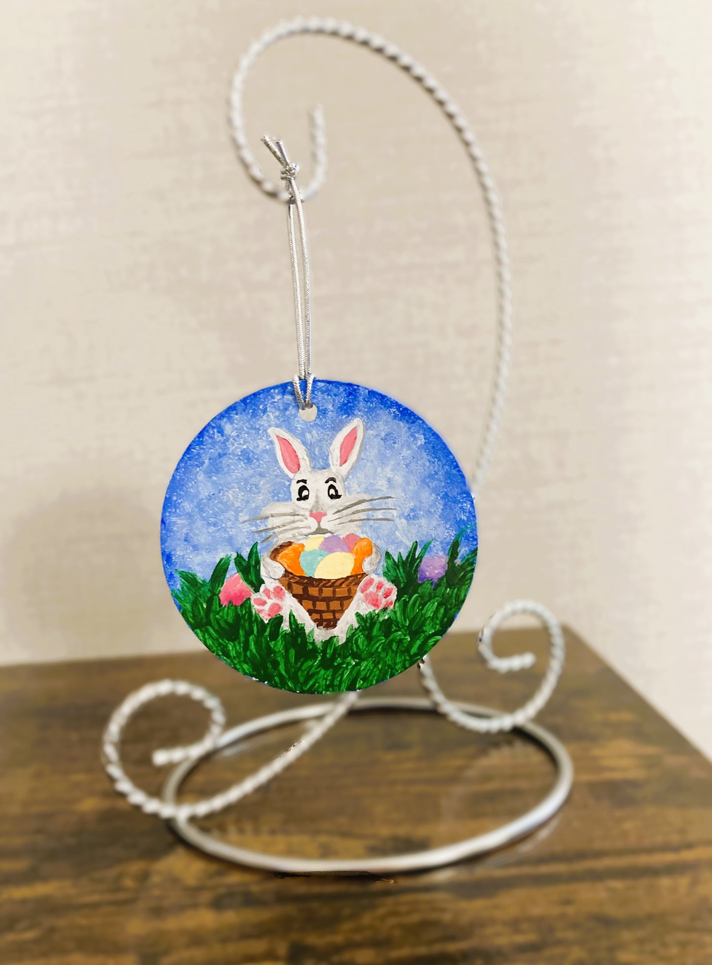 Easter Bunny with Basket Ornament Hanging Art Home Decoration
