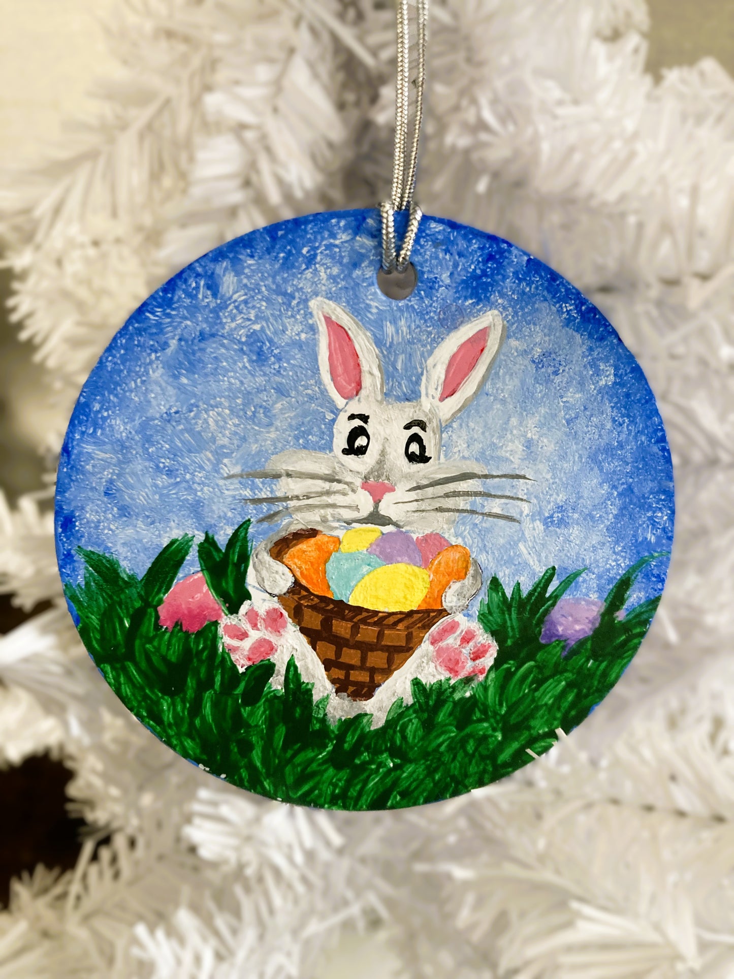 Easter Bunny with Basket Ornament Hanging Art Home Decoration